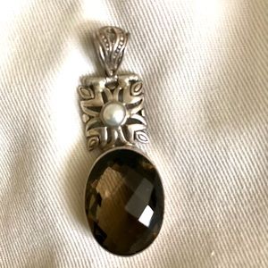 Smokey Quartz /topaz silver and pearl pendant
